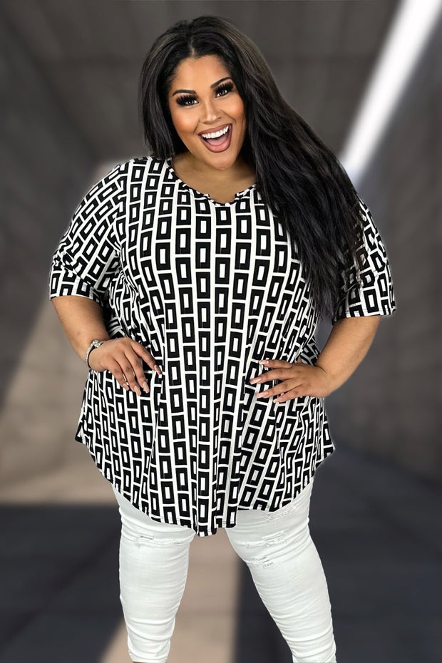 55 PSS {Trust In Curvy} Ivory/Black Rectangle Print Ribbed Tunic CURVY BRAND!!!  EXTENDED PLUS SIZE 4X 5X 6X