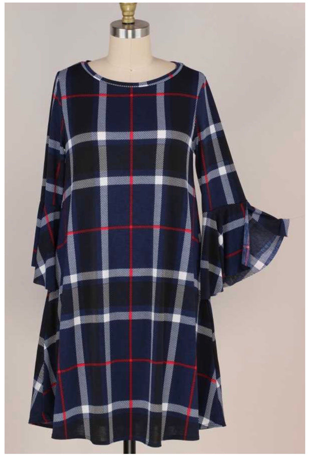 PLS-N {More Than Mine} Navy Ivory Plaid Bell Sleeve Dress PLUS SIZE XL 2X 3X