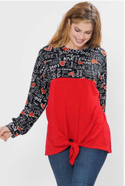 45-GT-G ( Written Love Letters) Red Black Tunic w/ Script & Tie Front PLUS SIZE 1X 2X 3X