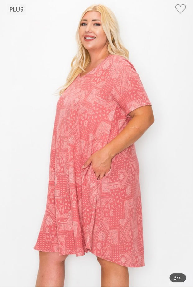 34 PSS- G {Easy To See} Dusty Red Paisley V-Neck Dress EXTENDED PLUS SIZE 3X 4X 5X