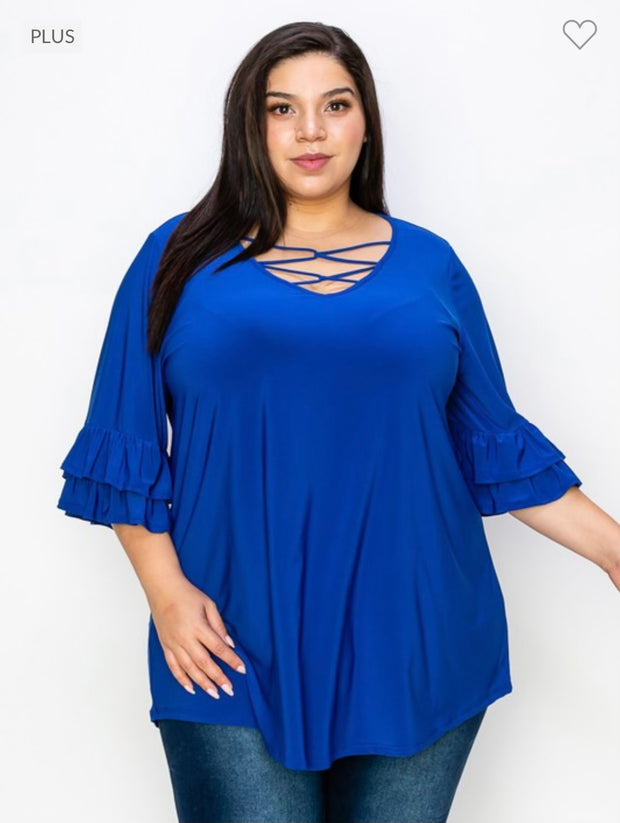 98 SQ-A {Happy Curvy} Royal Blue Caged Neck Tunic CURVY BRAND!!! EXTENDED PLUS SIZE 3X 4X 5X 6X