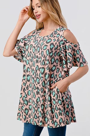 76 OS-C {Safari Love} Peach Animal Print***SALE*** Open Shoulder Top PLUS SIZE 1X 2X 3X