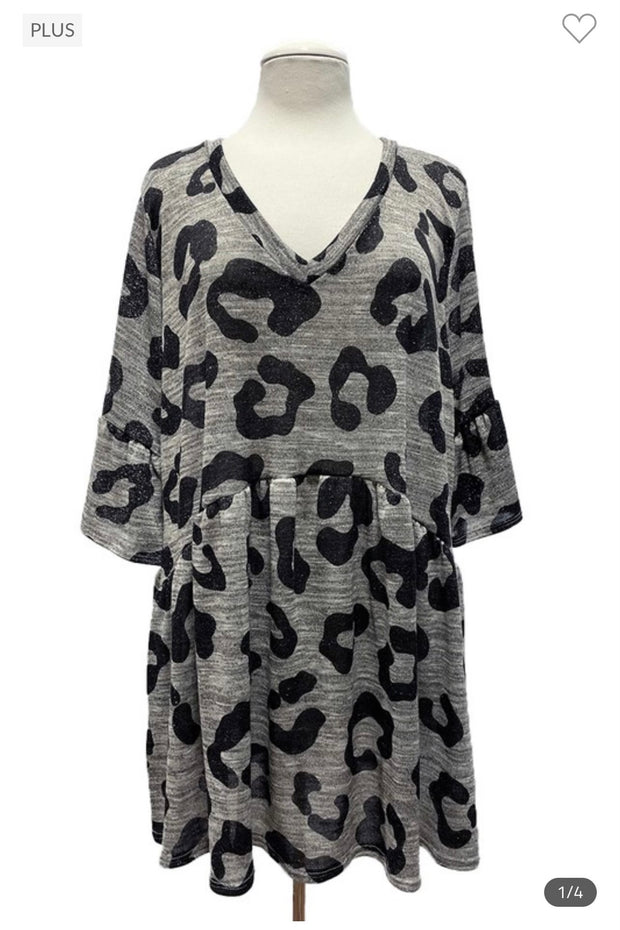 79 PSS-A [Sparkling Style} Grey Animal Print Babydoll Top EXTENDED PLUS SIZE 3X 4X 5X