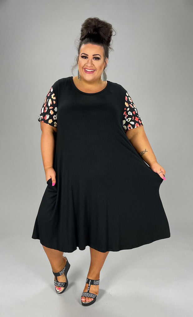 36 CP-A {Stroll Around Town} Black Dress W/Printed Sleeve PLUS SIZE 1X 2X 3X