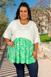 44 CP-B {Floral Medley} Ivory Green Floral Contrast Top