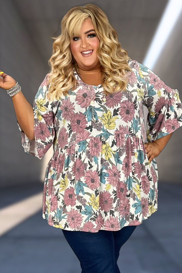 30 PSS-R {Live Well Dress Well} Ivory Floral V-Neck Babydoll Top EXTENDED PLUS SIZE 3X 4X 5X