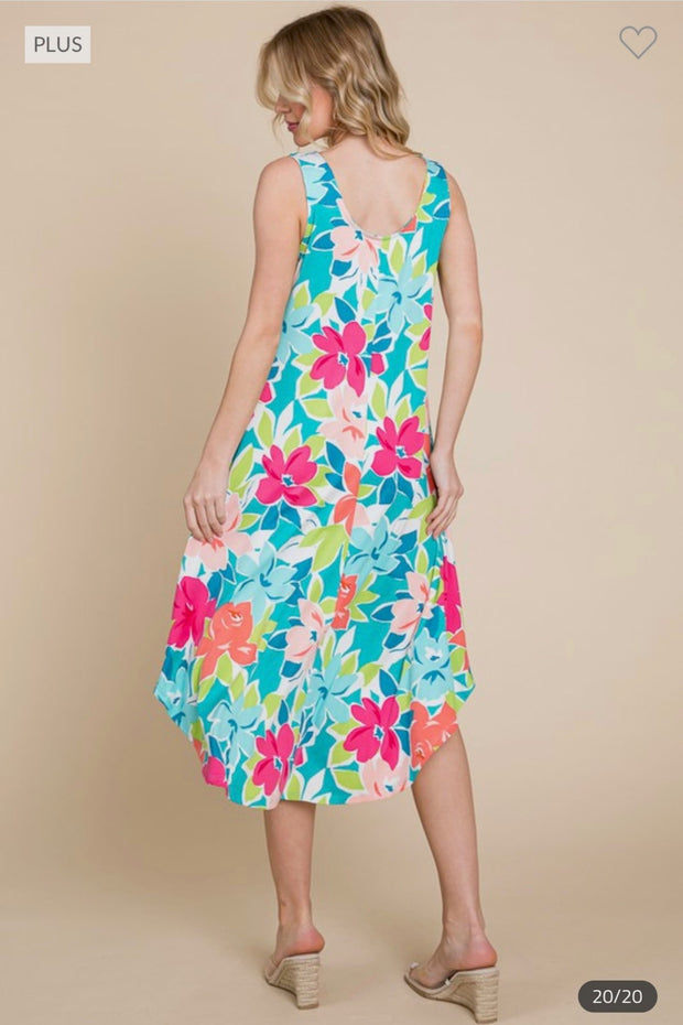 LD-Q {Bring The Drama} Teal Floral Sleeveless Midi Dress PLUS SIZE 1X 2X 3X