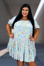 76 PSS-C {Floral Fields} Lt. BLUE Floral Tiered Dress PLUS SIZE 1X 2X 3X