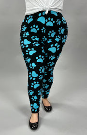 LEG-G {Blue Paws}  Black Leggings w/Blue Printed Paws EXTENDED PLUS SIZE