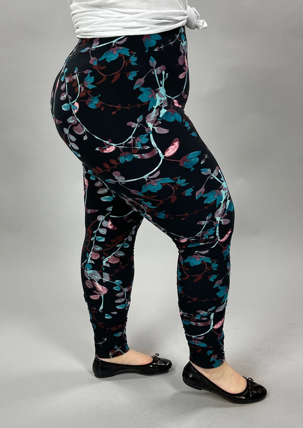 LEG -16  {Water Color Vibes} Black Floral Leggings EXTENDED PLUS SIZE 3X/5X