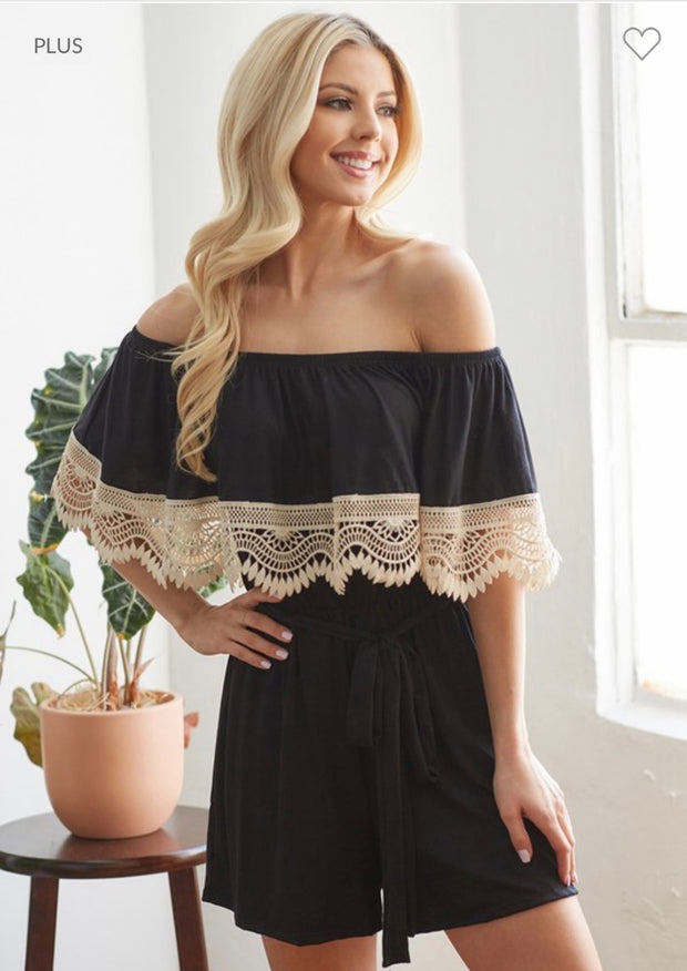 87 RP-J {What A Doll} Black Off Shoulder Romper w/Lace PLUS SIZE XL 2X 3X