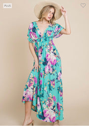 LD-Z & F {Mellow Moment} Emerald Floral Smocked Maxi Dress PLUS SIZE 1X 2X 3X