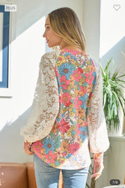 31 CP-K {Trend Of The Day} Multi-Color Floral Top w/Lace Sleeve PLUS SIZE XL 2X 3X