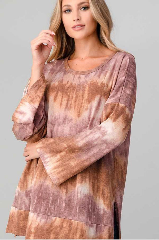 PLS-B {Anywhere But Here} Mauve Mocha Tie Dye Knit Tunic PLUS SIZE XL 2X 3X