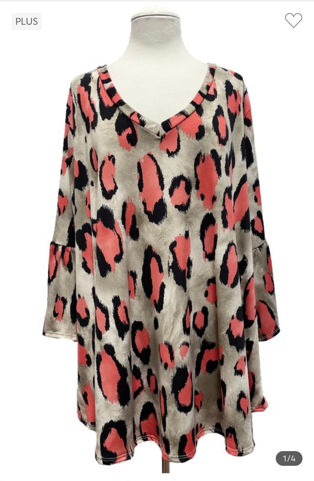 52 PQ-J [Best One Yet} Brown/Coral Leopard Print Top EXTENDED PLUS SIZE 3X 4X 5X