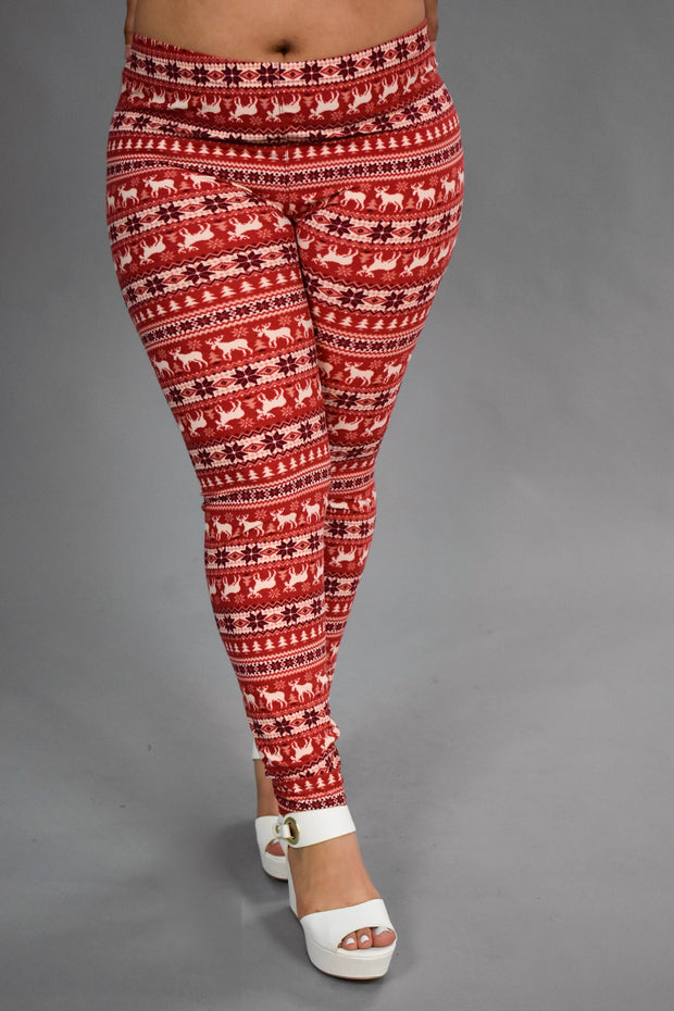 LEG-27 Happy Holidays Red Snowflake/Deer Leggings SALE!!! X-PLUS