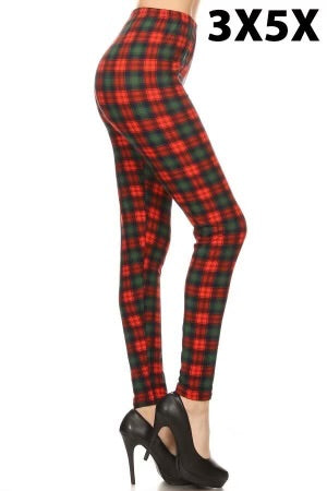 LEG-98  {Counting The Hours} Red/Green Plaid Leggings EXTENDED PLUS SIZE 3X/5X