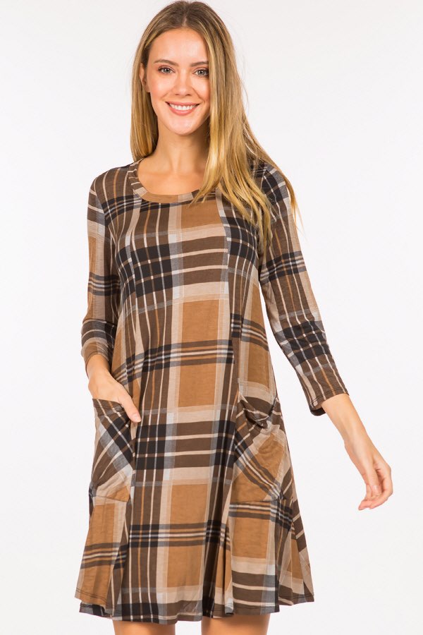 76 PLS-Z {Just That Simple} Taupe Plaid Dress W/Pockets PLUS SIZE 1X 2X 3X