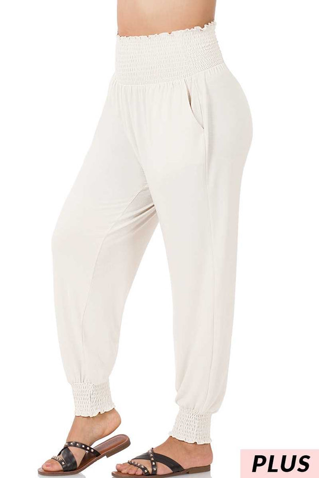 LEG-66  {Fast and Fun} Bone Smocked Waist Jogger Pants  SALE!!! PLUS SIZE 1X 1X 3X