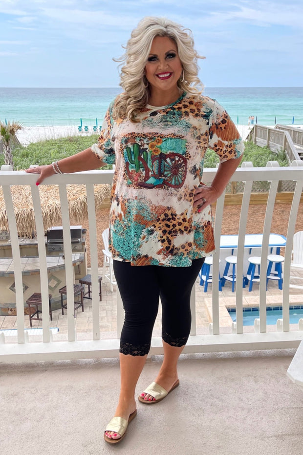 30 GT-I {Hello From The Desert} Aqua/Brown Print Graphic Tee PLUS SIZE 3X