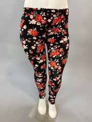 BIN-98 (Fun Days) Black Leggings with Red & White Floral Print PLUS SIZE