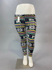 BIN 99 Elderberry/Daisy Reindeer Printed  Fleece Lined Leggings  (runs small!) PLUS SIZE