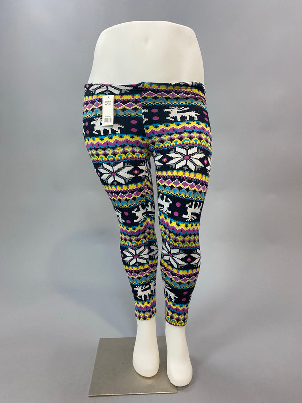 BIN 99 Elderberry/Daisy Reindeer Printed  Fleece Lined Leggings SALE!!!   (runs small!) PLUS SIZE