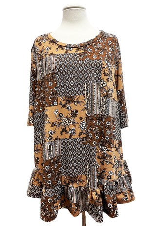 15 PSS {Hold Back Nothing} Brown Floral Ruffle Hem Top EXTENDED PLUS SIZE 4X 5X 6X