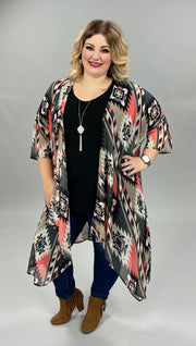 82 OT-D {Desert Appeal} Coral/Black Aztec Print Kimono PLUS SIZE 1X 2X 3X