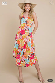 LD-L {Bring The Drama} Orange Floral Sleeve- less Midi Dress PLUS SIZE 1X 2X 3X