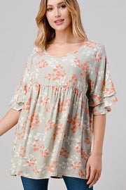 78 PQ-A {Right On The Mark} Soft Sage Print Babydoll Top PLUS SIZE 1X 2X 3X