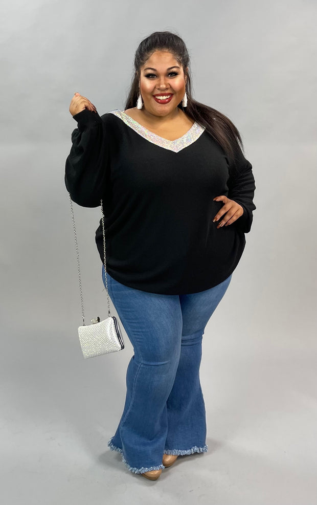 13 SD-A {Va Va Voom} Black Sweater W/Silver V-Neck PLUS SIZE 1X 2X 3X