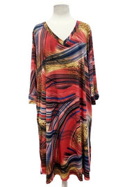 44 PQ-B {Beyond The Waves} Red/Multi-Print V-Neck Dress EXTENDED PLUS SIZE 3X 4X 5X