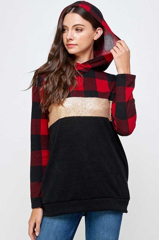 21 HD-G {Meet You There} Red Black Plaid Contrast Hoodie PLUS SIZE XL 2X 3X