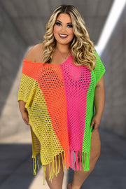 89 OT-X {Ocean Drive} Neon Multi-Color Cover Up w/Fringe PLUS SIZE 1X 2X  3X