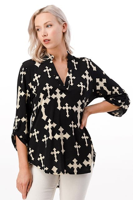 81 PQ-A {Near The Cross} Black Cross Print Roll-Tab Sleeve Top PLUS SIZE 1X 2X 3X