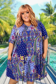 74 PSS-E {We Have History} Royal Blue Mix Print V-Neck Dress EXTENDED PLUS SIZE 3X 4X 5X