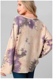 PLS-A {Knot For Me} Tan  Purple Tie Dye Knot Hem Tunic PLUS SIZE XL 2X 3X