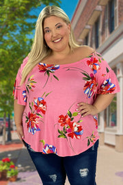 35 PSS-T [Eyes Are On Me} Pink Floral Flutter Sleeve Top PLUS SIZE XL 2X 3X