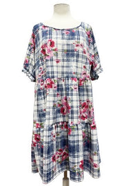 34 PSS-C {Enjoy The View} Navy/White Plaid Floral Tiered Dress EXTENDED PLUS SIZE 3X 4X 5X