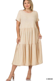 LD-C {Wardrobe Classic} Heather Beige Tiered Midi Dress PLUS SIZE 1X 2X 3X