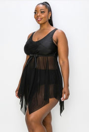 SWIM-F {Swim In Style} Black 2 Piece Sheer Skirt Swimsuit EXTENDED PLUS SIZE 2X 3X 4X