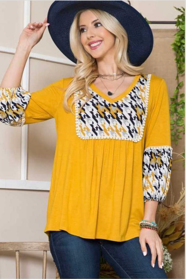 93 CP-E {Block Party} Mustard/Houndstooth Print Top PLUS SIZE 1X 2X 3X