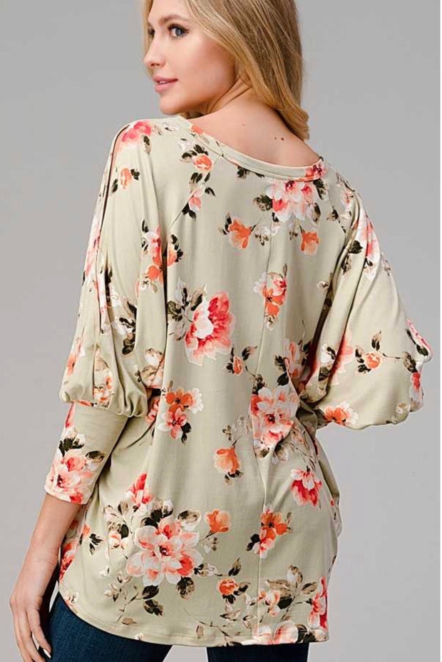 54 OS-D {Cold Rose}  Light Olive ***SALE*** Floral Print Tunic Plus Size XL 2X 3X