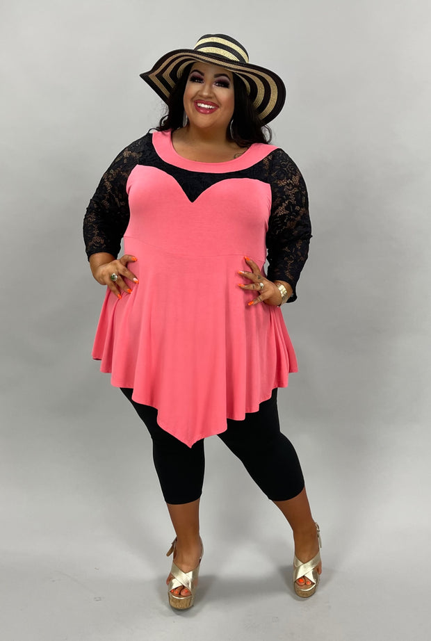 54 SD-B {Viva La Curvy} CORAL Tunic W/Black Lace Sleeve CURVY BRAND!!  EXTENDED PLUS SIZE 1X 2X 3X 4X 5X 6X