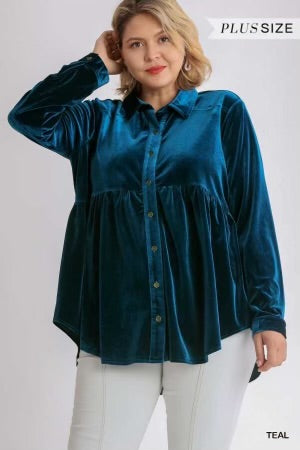 16 SLS-P {Romance Is Back} Umgee Teal Velvet Babydoll Top PLUS SIZE XL 1X 2X