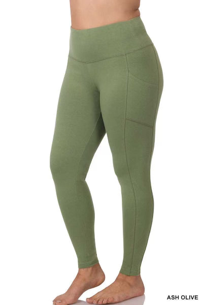 LEG-Z {Gym Code} Ash Olive Cotton Pocket Leggings PLUS SIZE 1X 2X 3X