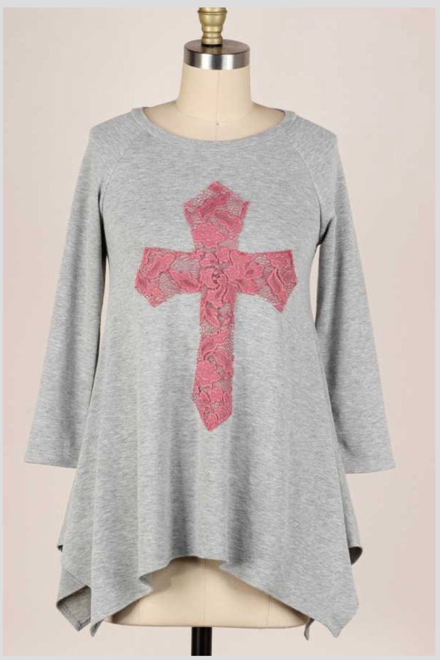 29 GT-C {Don't Cross Me} Grey Pink Cross Detail Top PLUS SIZE XL 2X 3X