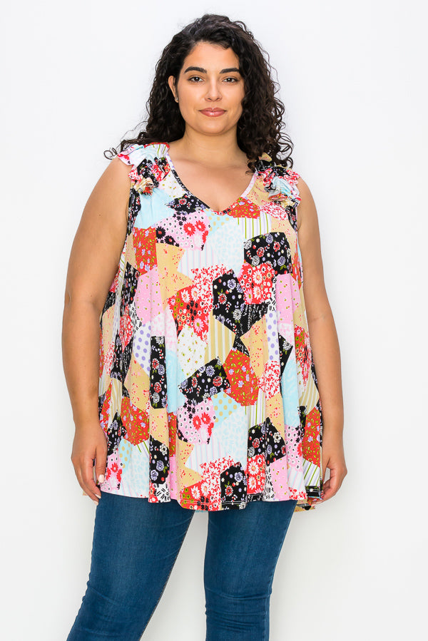 22 SV-W {Patchwork Memories} Multi-Color Pactchwork Print Top EXTENDED PLUS SIZE 3X 4X 5X 6X