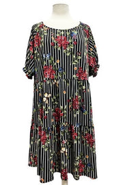 32 PSS-A {Make Me Famous} Black Stripe Floral Tiered Dress EXTENDED PLUS SIZE 3X 4X 5X